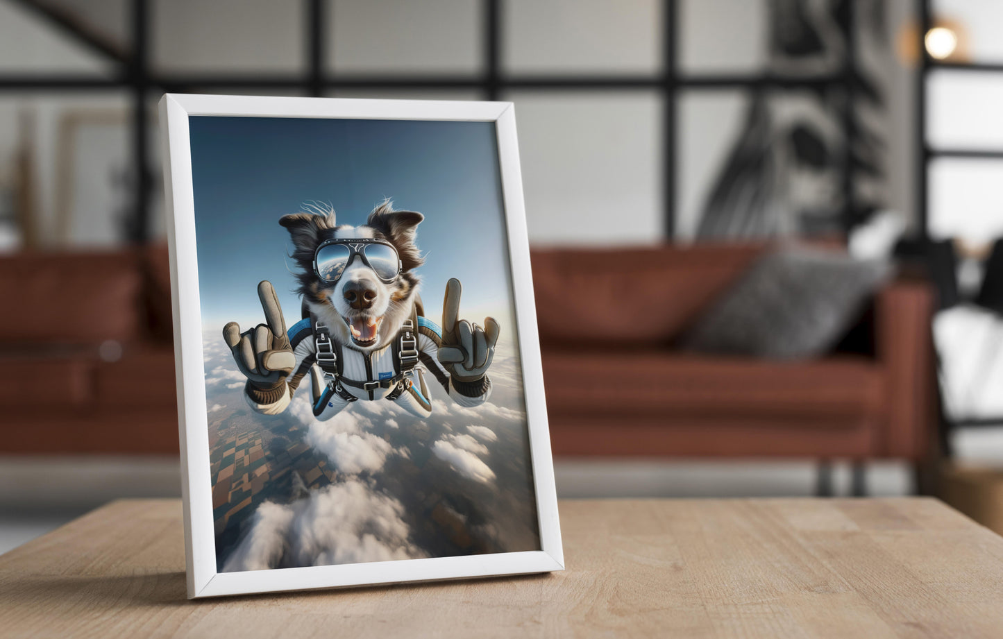 Affiche murale Border Collie en chute libre - Poster chien skydiving - Décor sport extrême - Idée cadeau unique