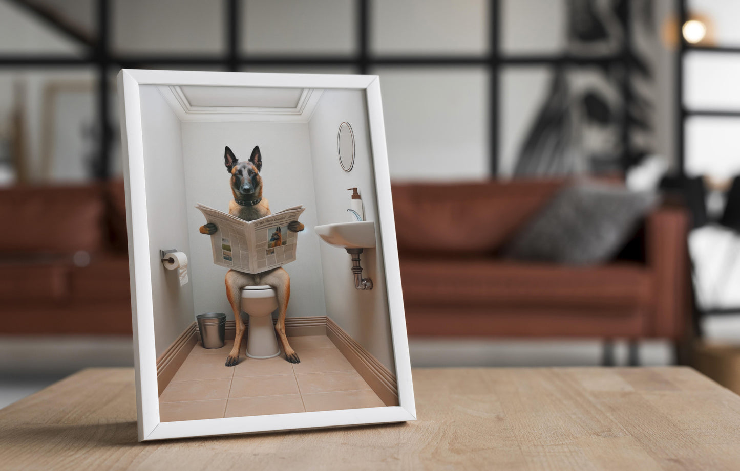 Belgian Malinois Dog Reading Newspaper Poster - Fun Bathroom Wall Art - WC Toilet Gag Gift - Belgian Shepherd Decor