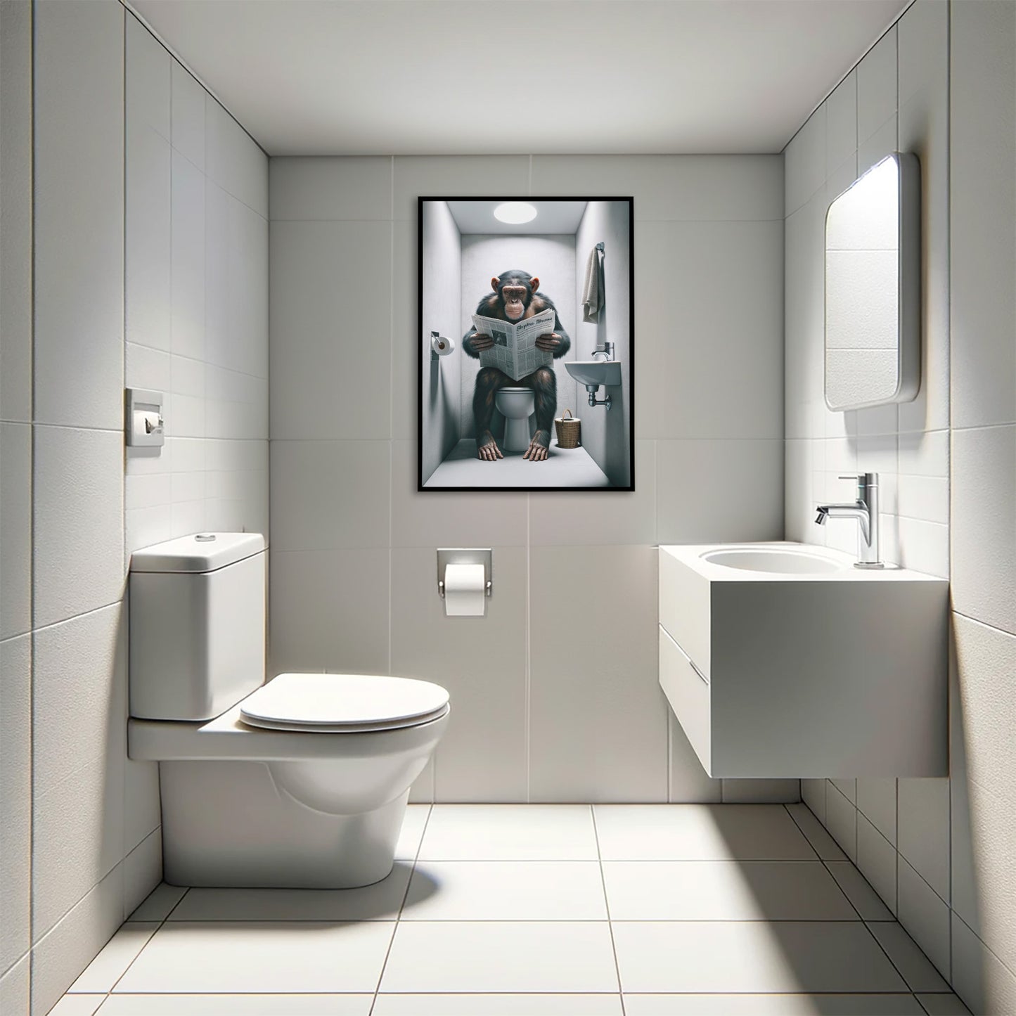 Poster Chimpanzé lisant le journal, Décoration Humour WC, Cadre Art Salle de bain, Idée Cadeau Amusante