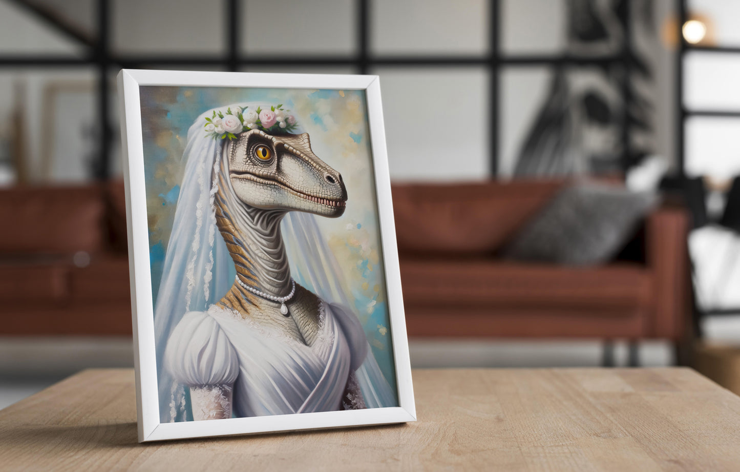 Portrait Vélociraptor en Robe de Mariée - Poster Dinosaure Décoration Murale Rigolote, Affiche Dino Mariage, Cadre Amusant