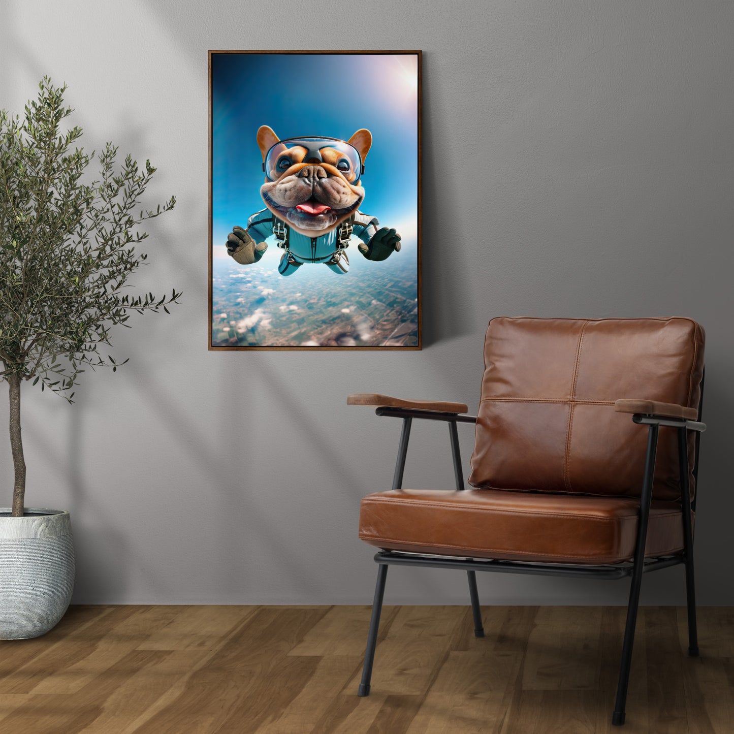 Affiche Murale de Bouledogue Français en Parachute - Poster Chien Skydiving, Décor Sport Extrême, Idée Cadeau