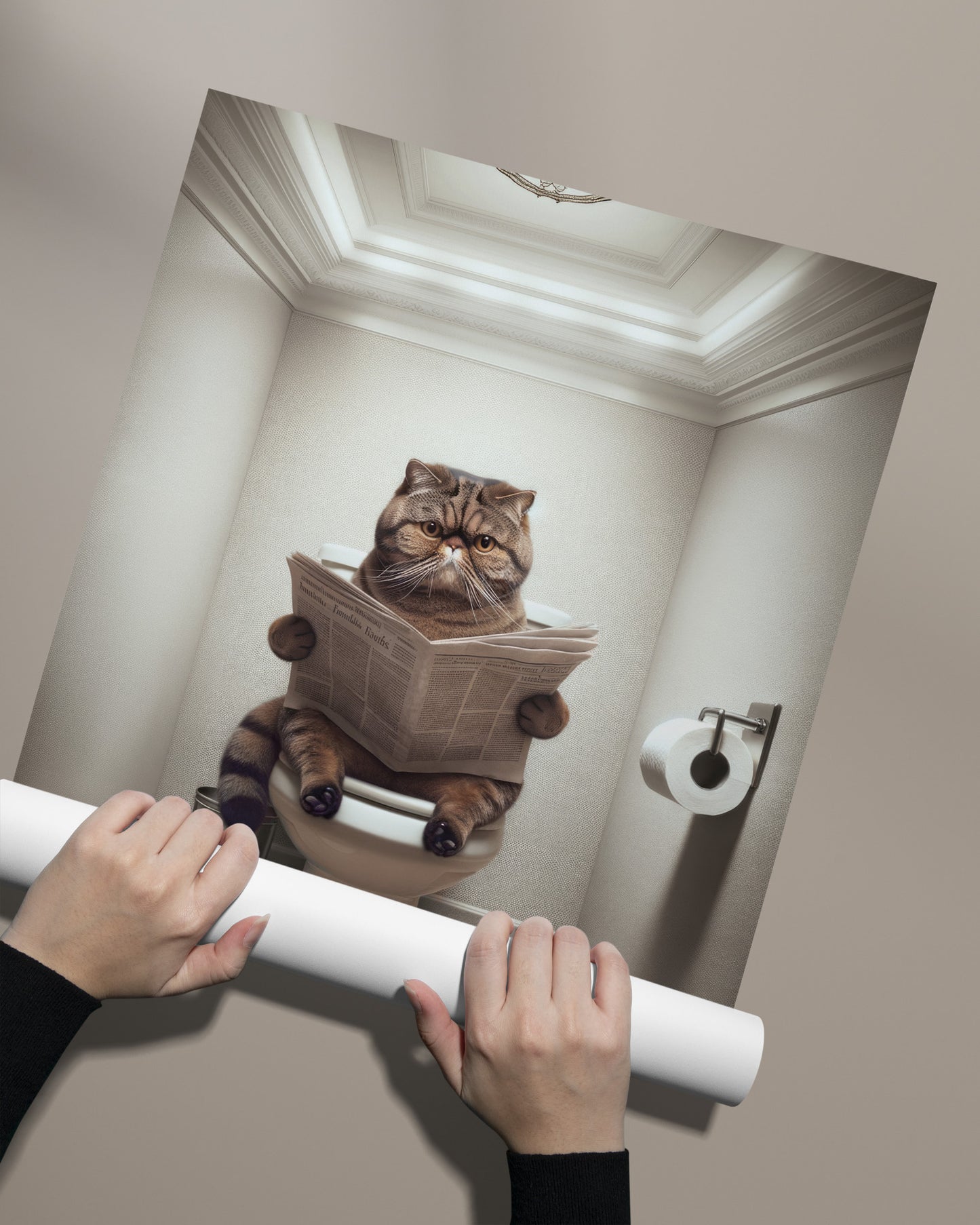 Affiche Murale Chat Exotic Shorthair Tigré Marron Lisant, Décoration Humoureuse Toilette, Poster WC Salle de Bain, Cadeau Chat