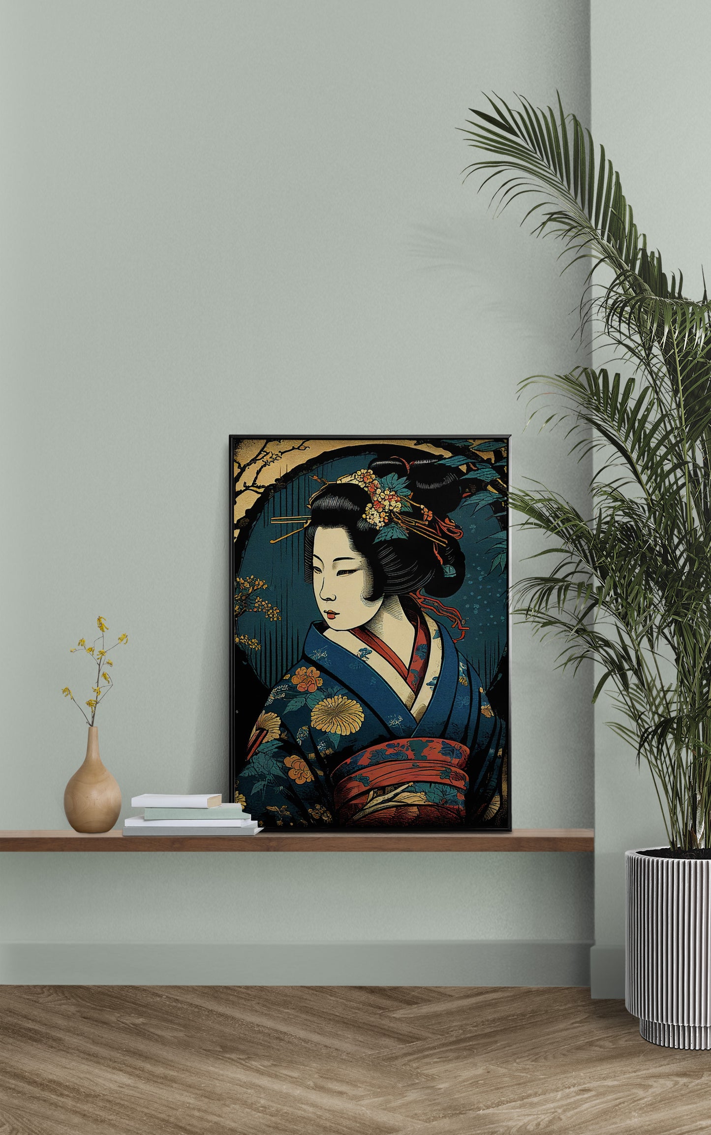 Poster Affiche Geisha au Kimono Bleu - Illustration Art Japonais, Décoration Murale Geiko Élégante