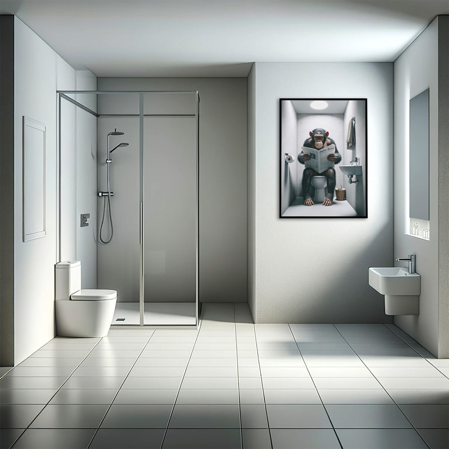 Poster Chimpanzé lisant le journal, Décoration Humour WC, Cadre Art Salle de bain, Idée Cadeau Amusante