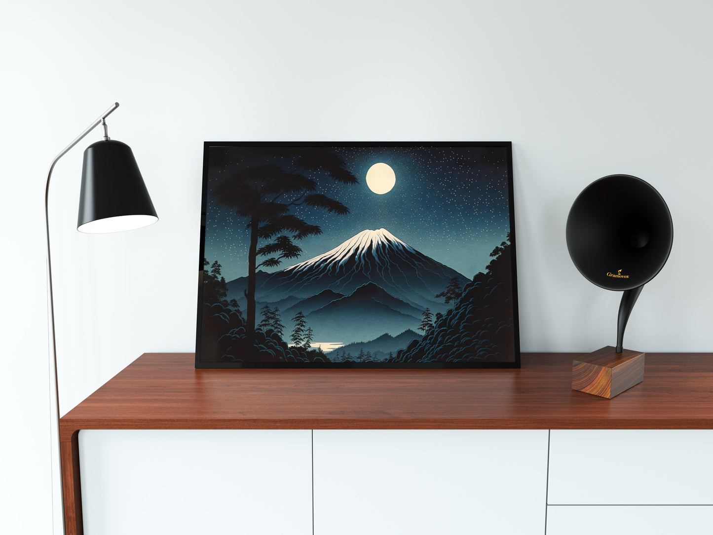 Poster Mont Fuji sous la Pleine Lune - Art Japonais, Décoration Murale Paysage Fujisan, Affiche à Encadrer