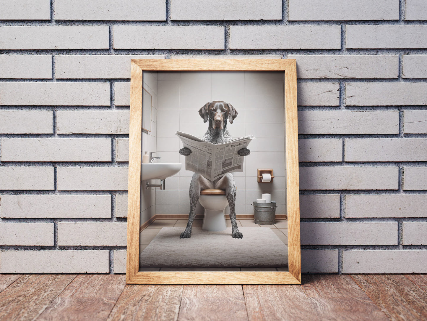 German Shorthaired Pointer Reading Newspaper Poster – Fun Bathroom Decor, WC Art, Gag Gift