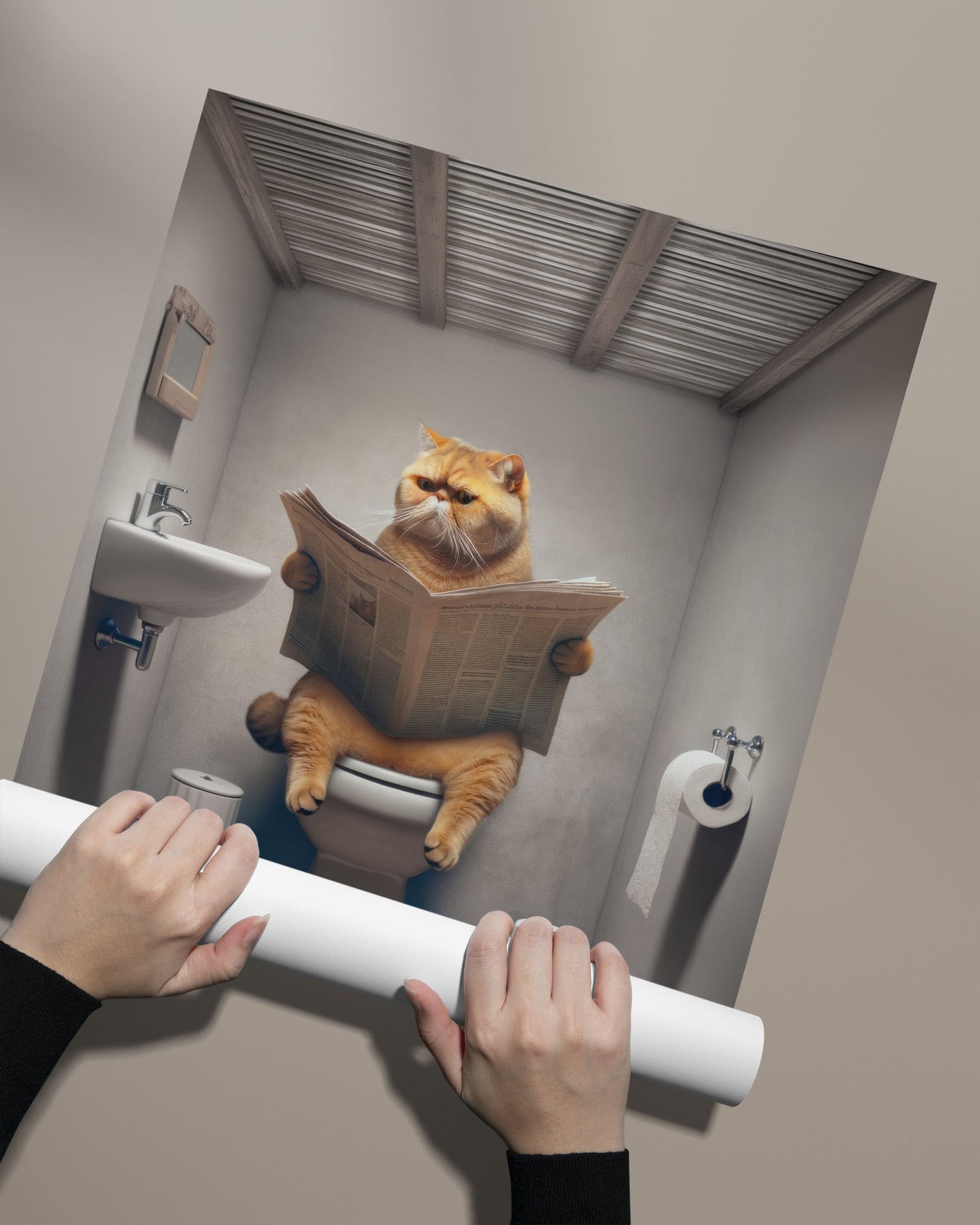 Affiche Murale Chat Exotic Shorthair lisant aux Toilettes - Déco Humour WC & Salle de Bain - Idee Cadeau