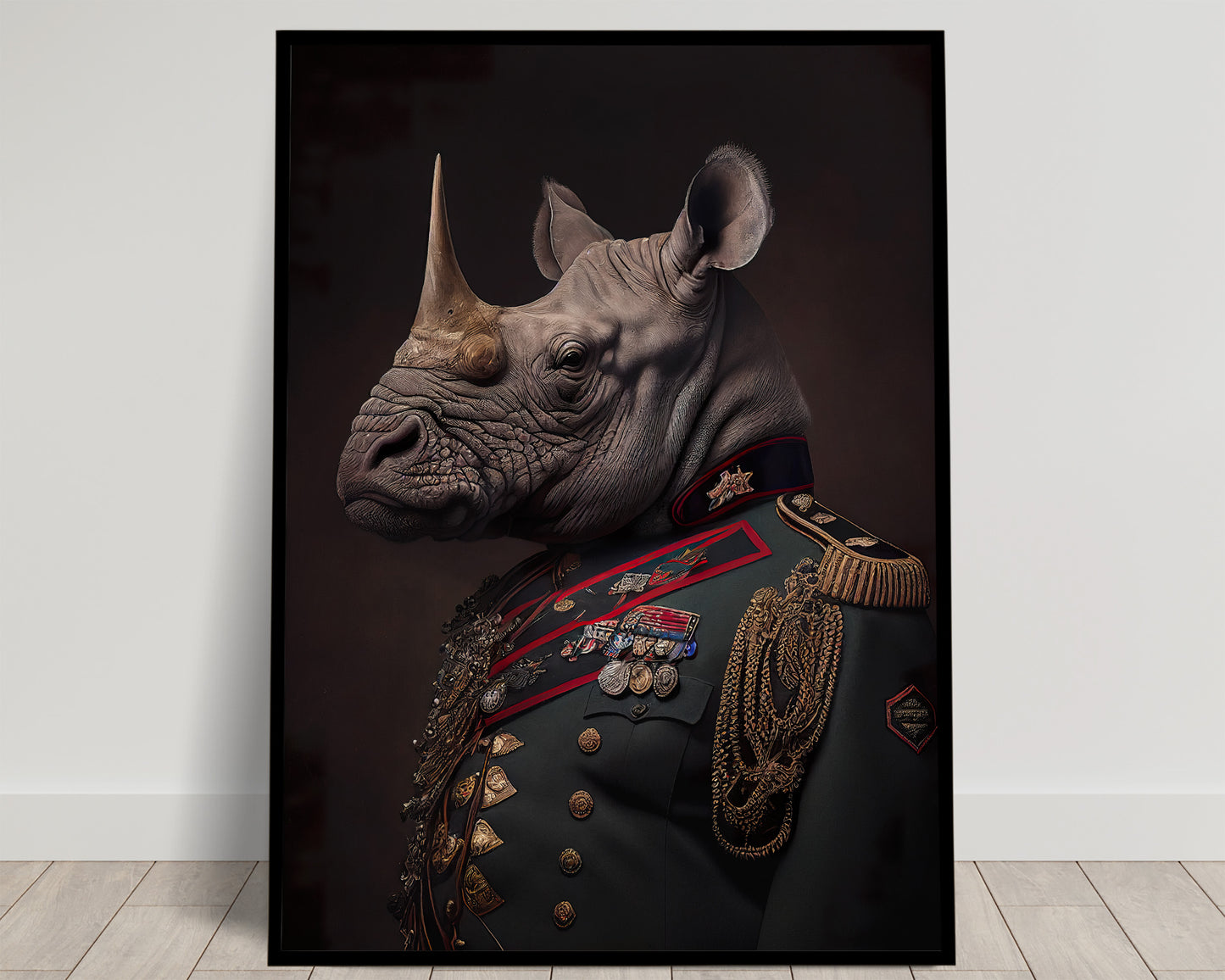 Affiche Rhinocéros en Uniforme Militaire - Poster Murale Animaux pour Décoration à Encadrer