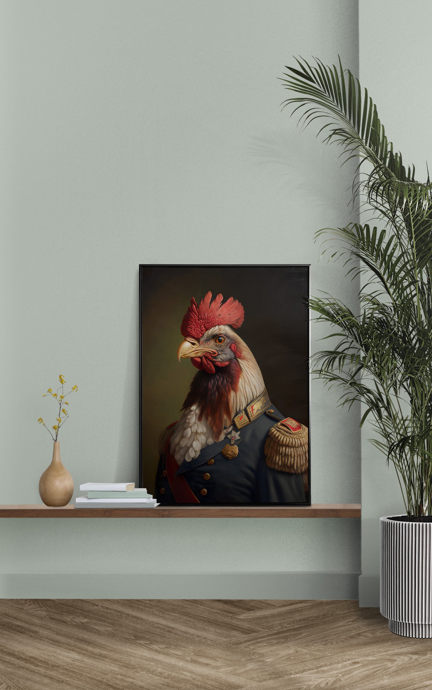 Heroic Rooster in Military Uniform Poster - Unique Animal Wall Art, Framed Poultry Decor, Perfect for Home & Office