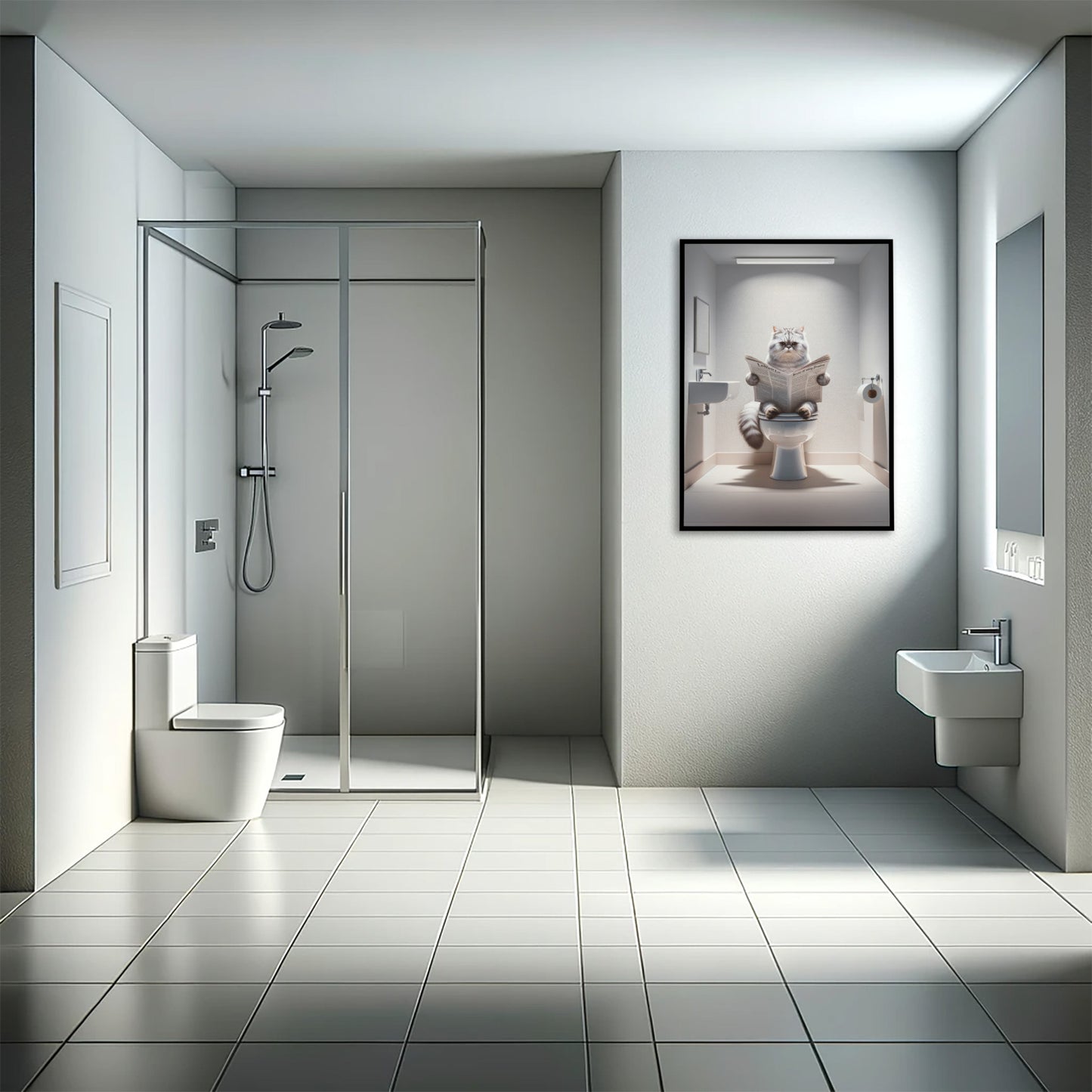 Silver Tabby Persian Cat Sitting on Toilet Poster – Fun Bathroom Decor Wall Art | Perfect Catlover Gag Gift for WC