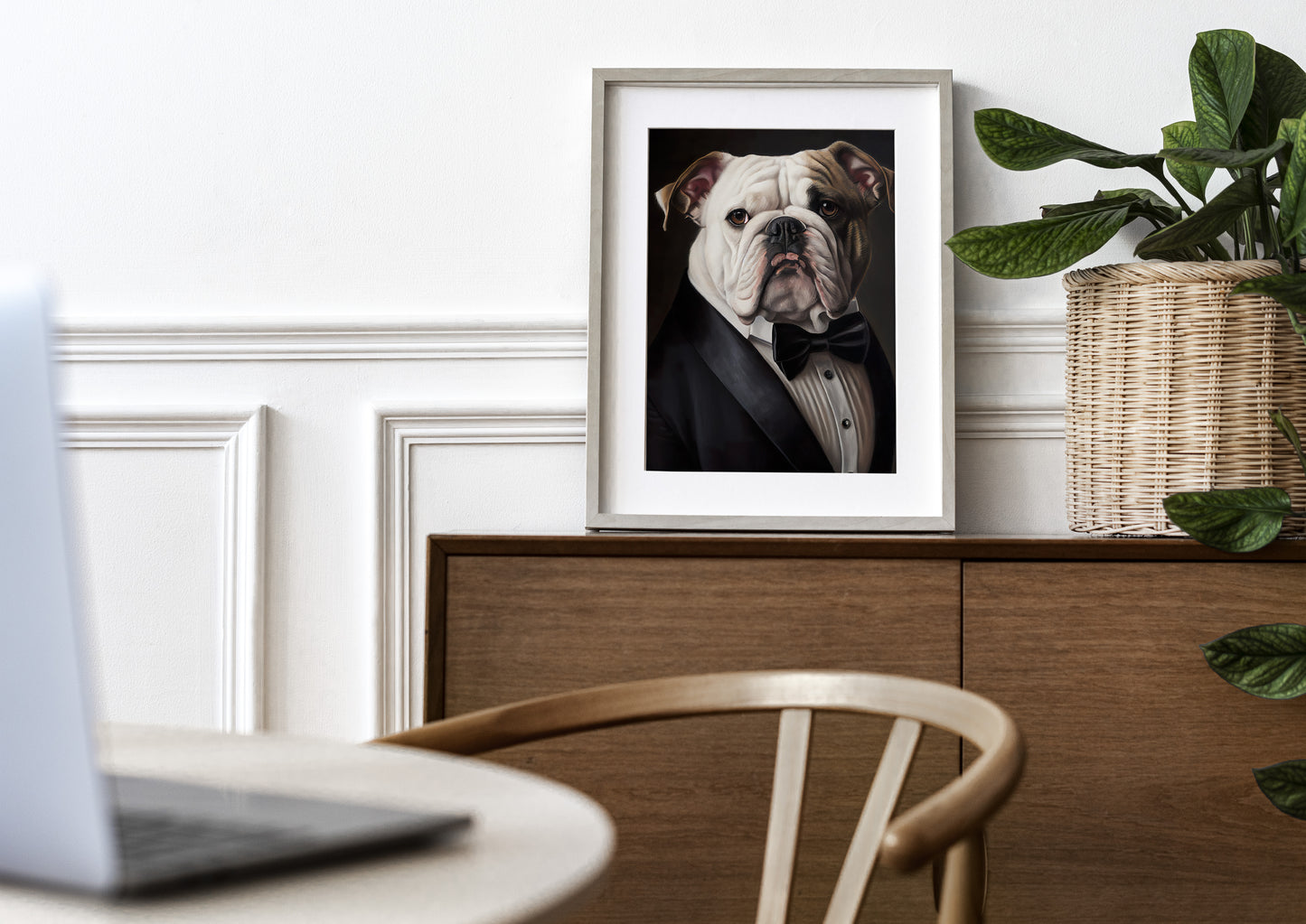 Poster Bulldog Anglais en Smoking | Art Mural Humour | Impression Bouledogue Tuxedo | Décoration Murale Chien Chic