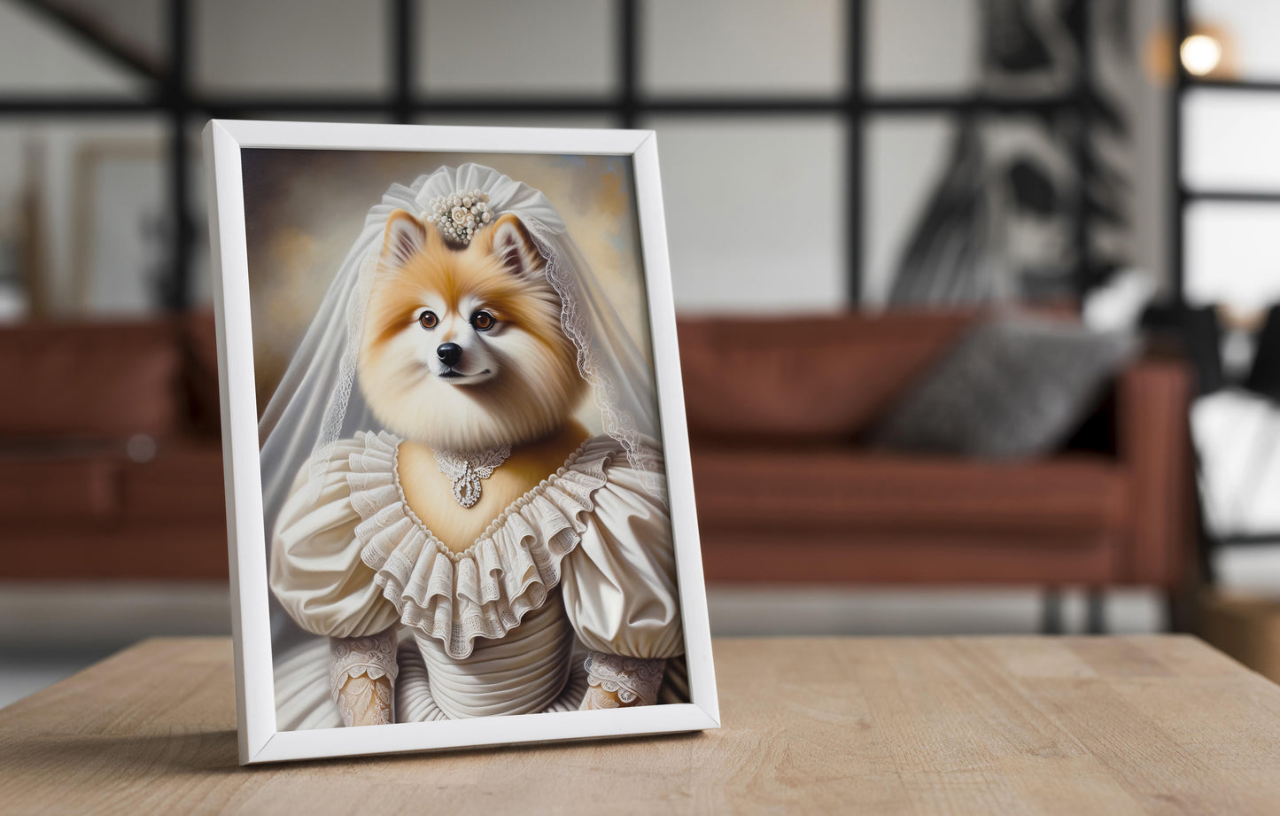 Poster Chien Spitz Mariage - Affiche Murale Animaux, Décoration Humour, Portrait en Robe de Mariée, Cadre Poster Murale