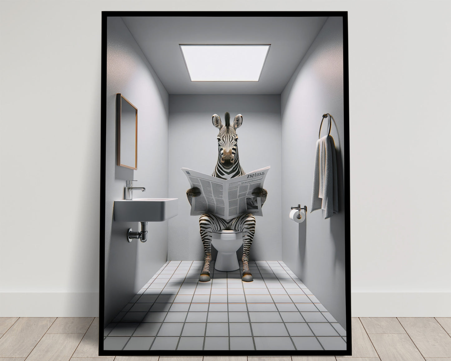 Zebra Reading Newspaper on Toilet Poster - Funny Bathroom Decor | Unique Wall Art & Gag Gift | WC Toilet Poster