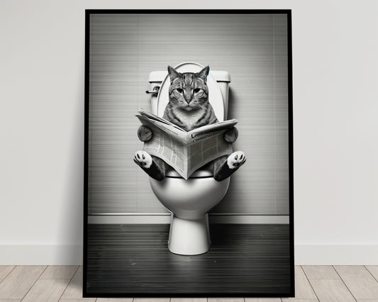 Cat Reading on Toilet Poster - Black & White Bathroom Wall Art | Fun WC Decor | Funny Gift for Cat Lovers