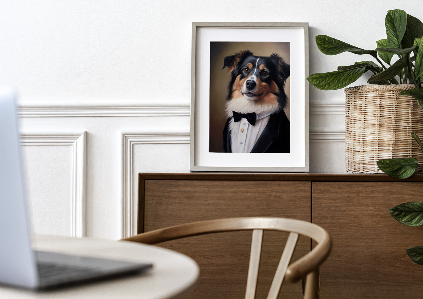 Chic Dog Poster - Australian Shepherd in Tuxedo | Humorous Wall Art | Portrait Print