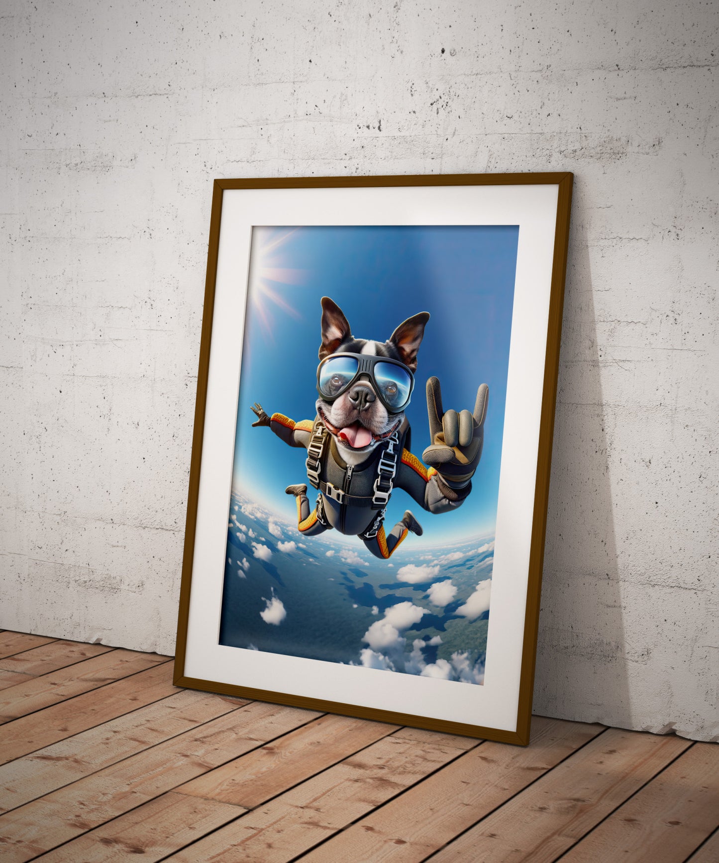 "Epic Skydiving Boston Terrier Poster - Unique Animal Print Wall Art for Dog Lovers - Extreme Sport Decor"