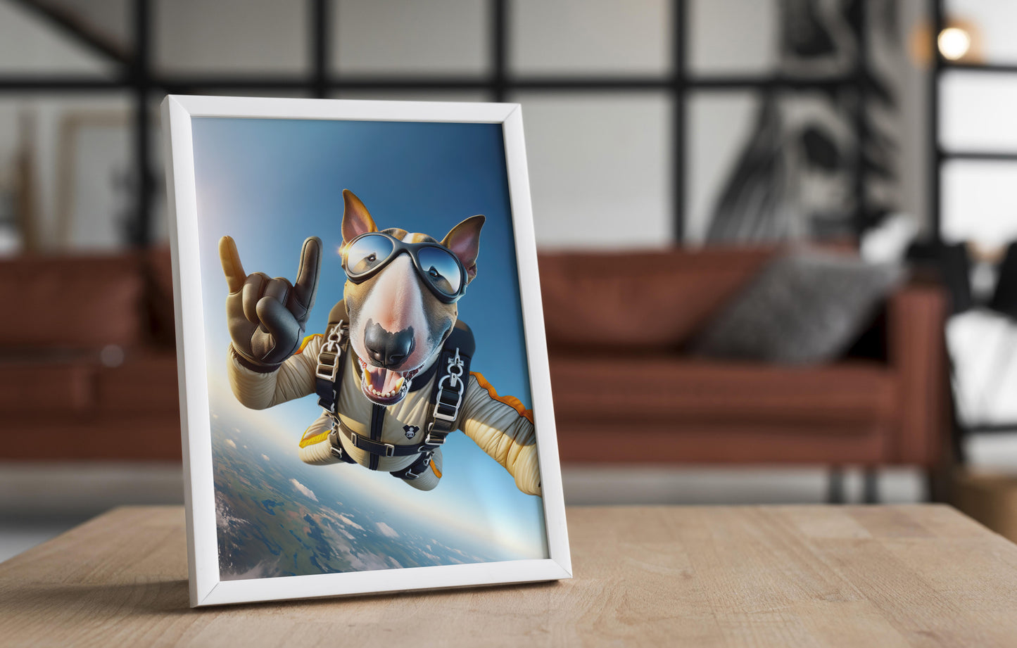 Epic Free Fall Bull Terrier Poster - Unique Skydiving Animal Print Wall Art for Extreme Sports Lovers Decor