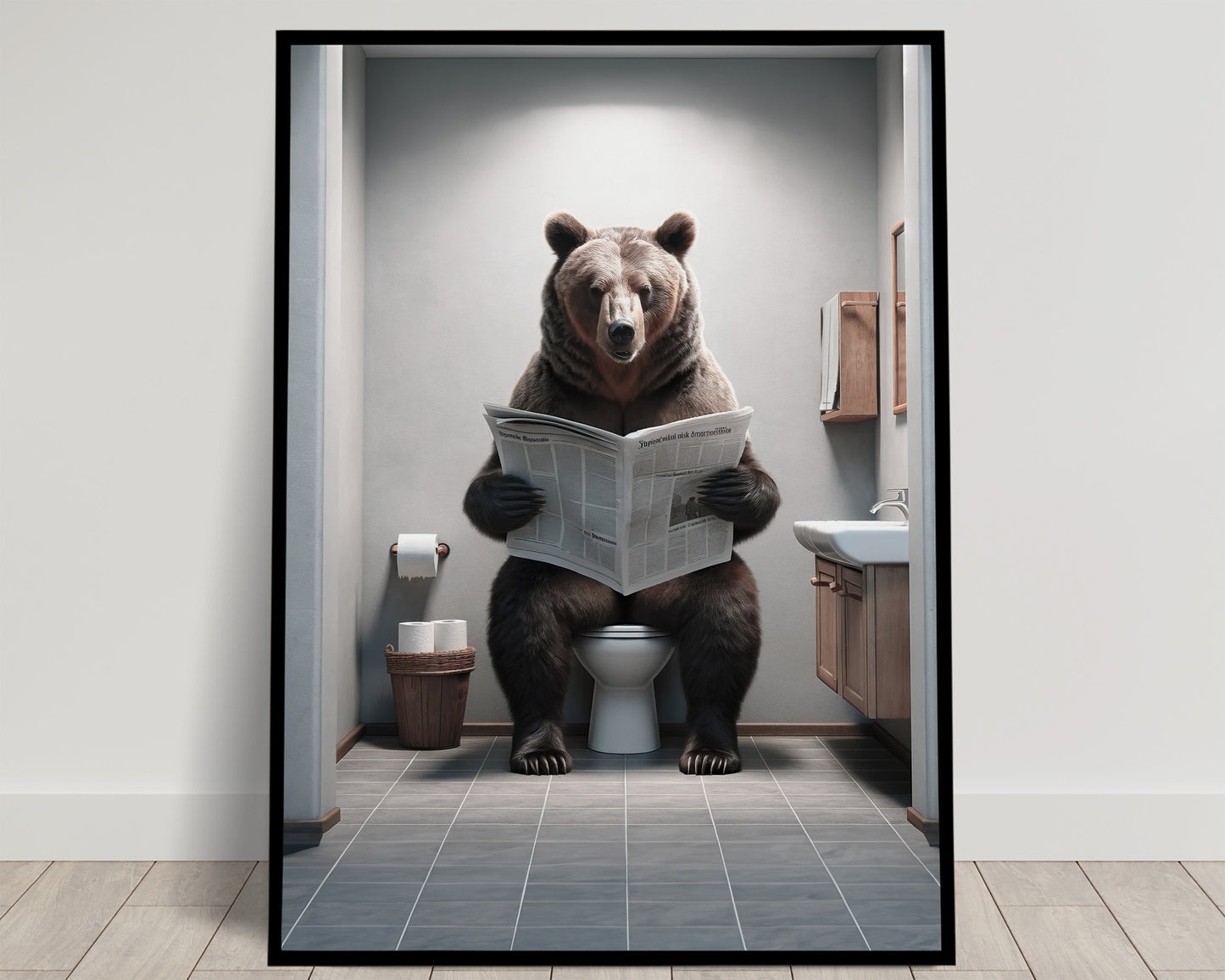 Brown Bear Reading Newspaper Poster – Unique Funny Bathroom Wall Art for WC – Perfect Decorative Gift