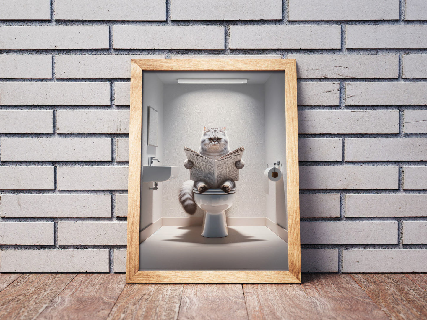 Silver Tabby Persian Cat Sitting on Toilet Poster – Fun Bathroom Decor Wall Art | Perfect Catlover Gag Gift for WC