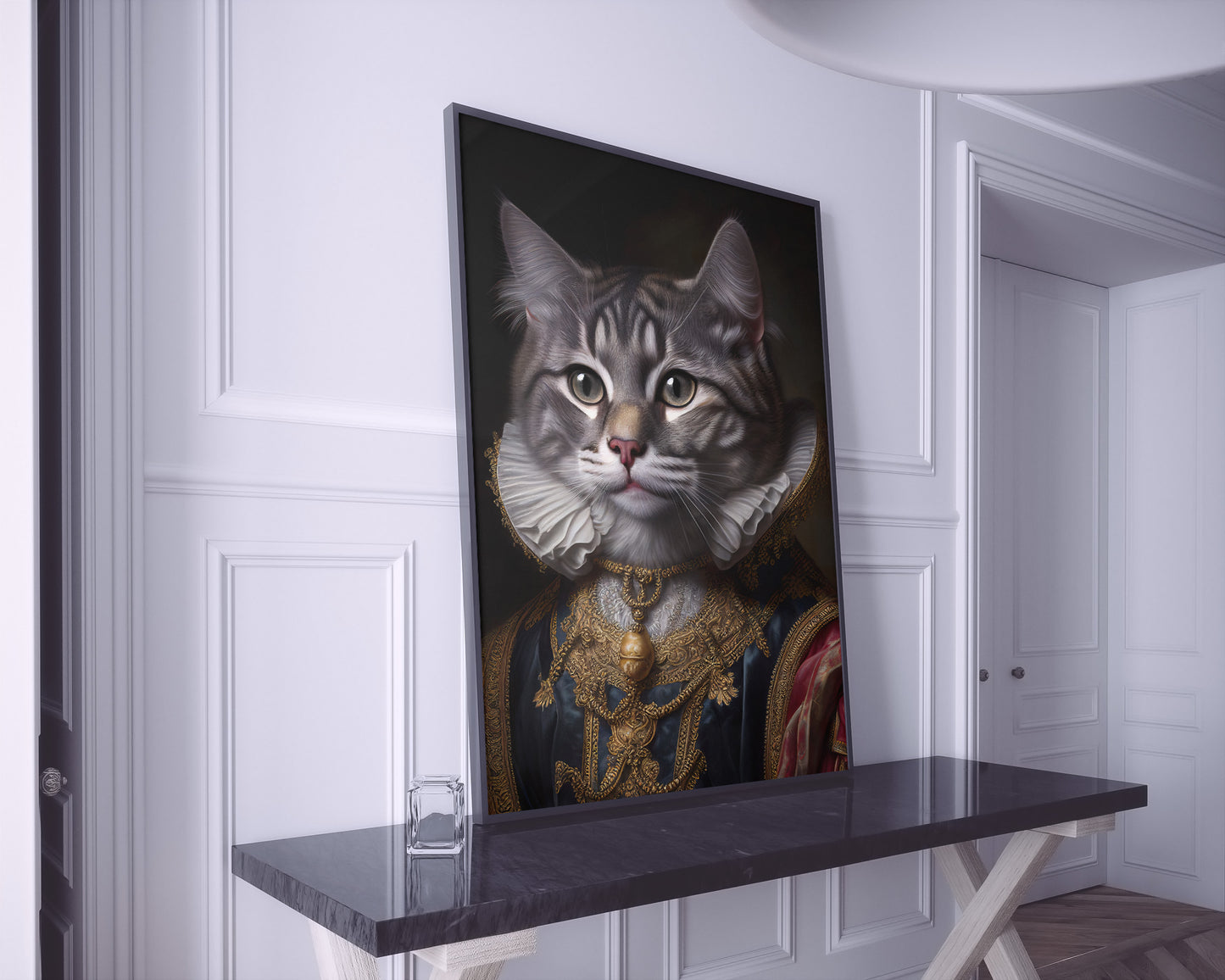 Poster à encadrer : Chat gris noble style baroque, Décoration murale féline, Affiche artistique d'animaux