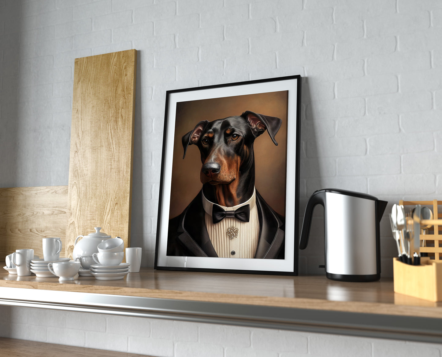 Chic Doberman Poster in Tuxedo | Humorous Dog Wall Art | Elegant Canine Decoration