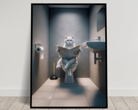 Affiche Murale Chat British Shorthair Blanc aux Toilettes - Déco Humour WC & Salle de Bain, Cadeau Amusant