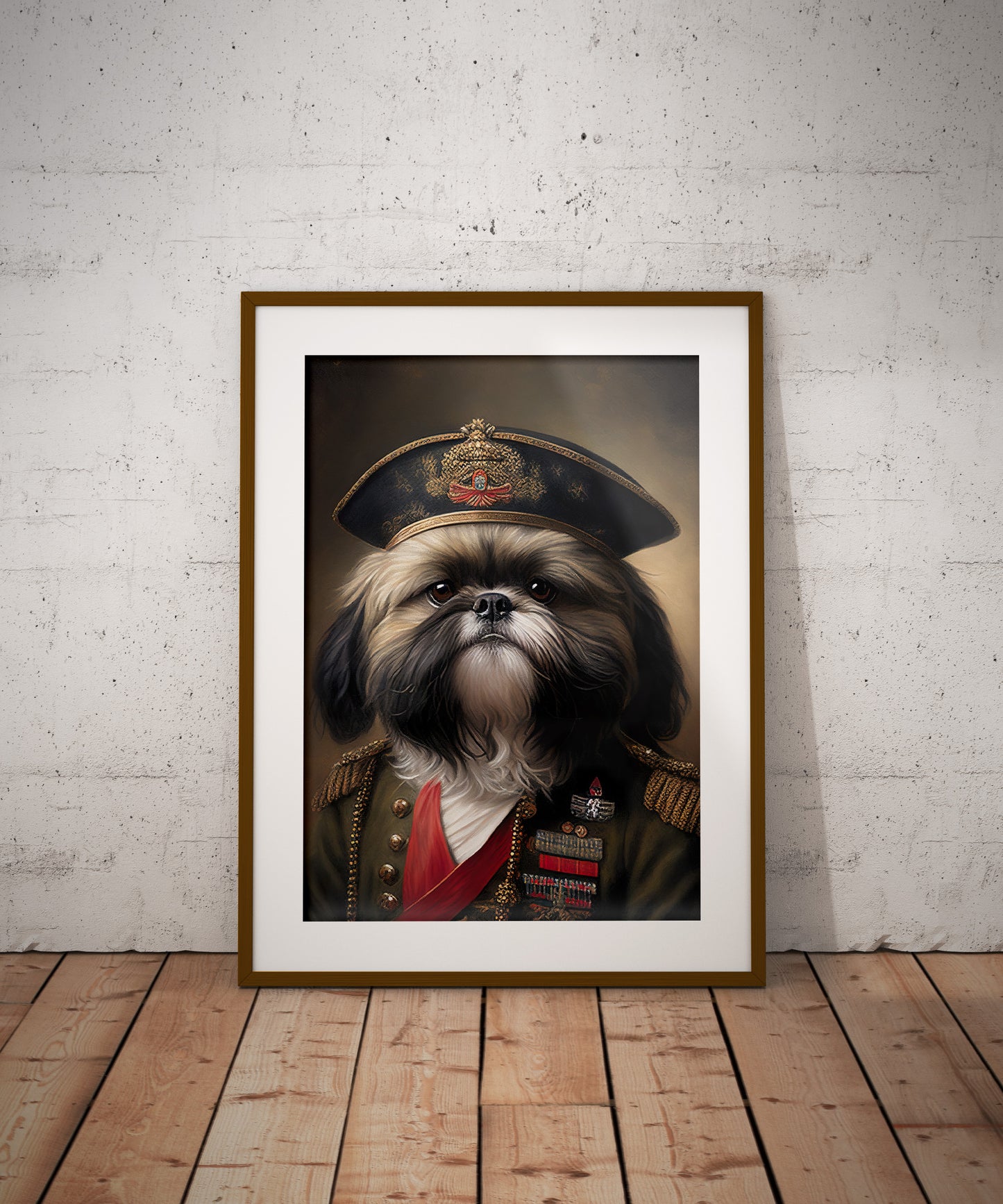 Poster Portrait Shih-tzu en Uniforme Militaire | Art Mural Chien Drôle et Héroïque | Décoration Murale Officielle