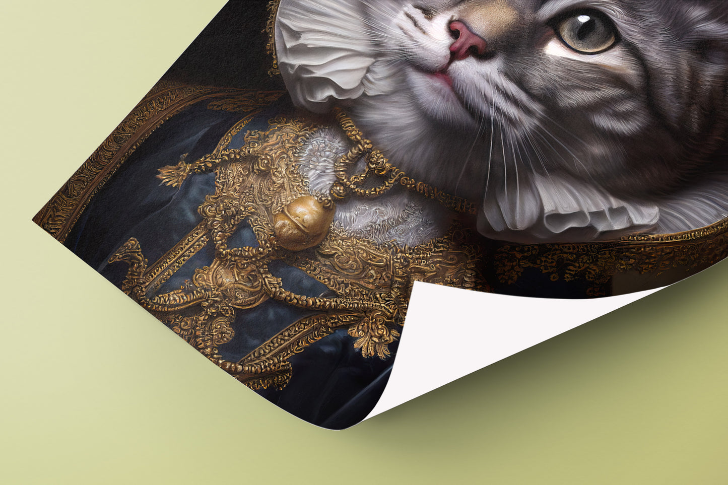 Poster à encadrer : Chat gris noble style baroque, Décoration murale féline, Affiche artistique d'animaux