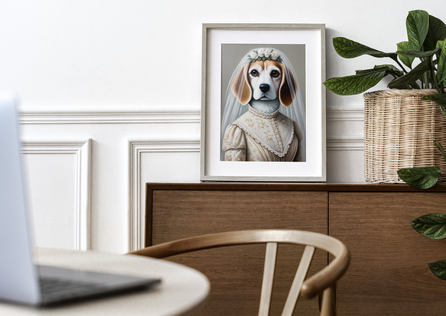 Portrait de Beagle en Mariée, Poster Déco Murale Animaux, Affiche Beagle Mariage, Cadre Humoristique