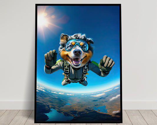 Poster Chien Saut en Parachute, Affiche Murale Berger Australien, Décor Sport Extrême, Idée Cadeau Fun et Unique