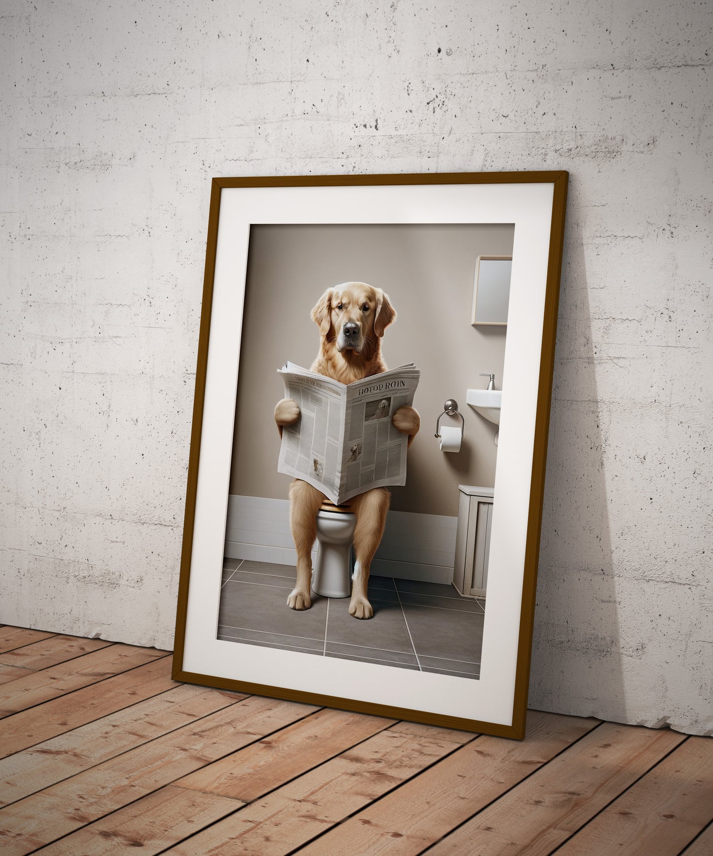 Poster Golden Retriever lisant le journal, Déco Humour pour WC, Cadre Salle de bain, Cadeau Original et Amusant