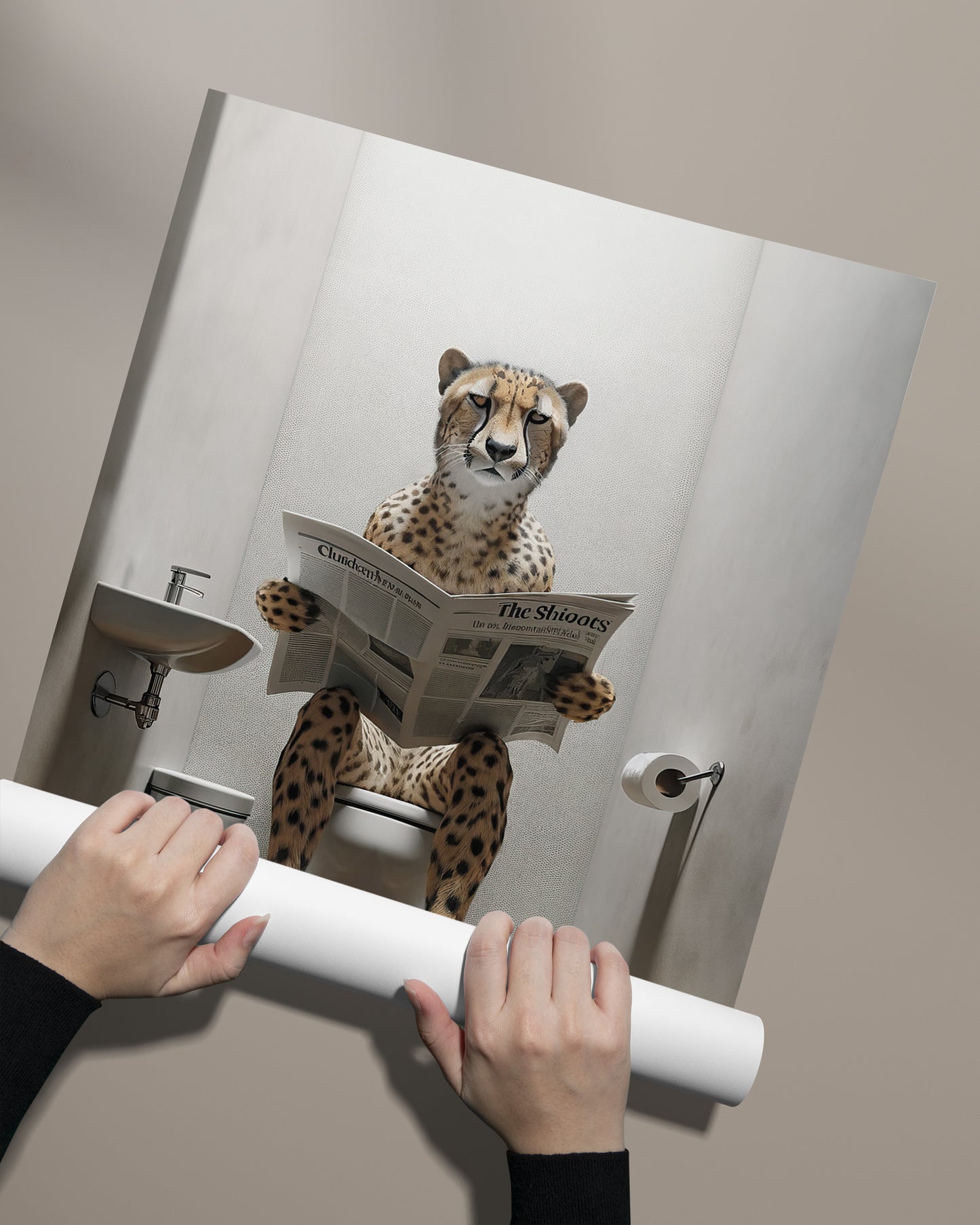 Cheetah Reading Newspaper on Toilet Poster - Funny Bathroom Wall Art - Unique WC Decor - Hilarious Gift Idea