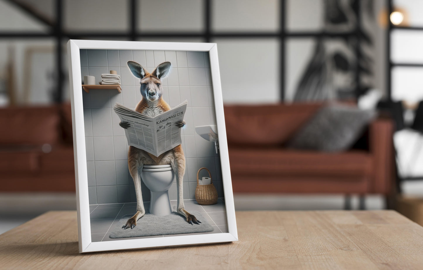 Funny Kangaroo Reading Newspaper Toilet Poster - Unique Bathroom Wall Art Decor - Hilarious WC Gift