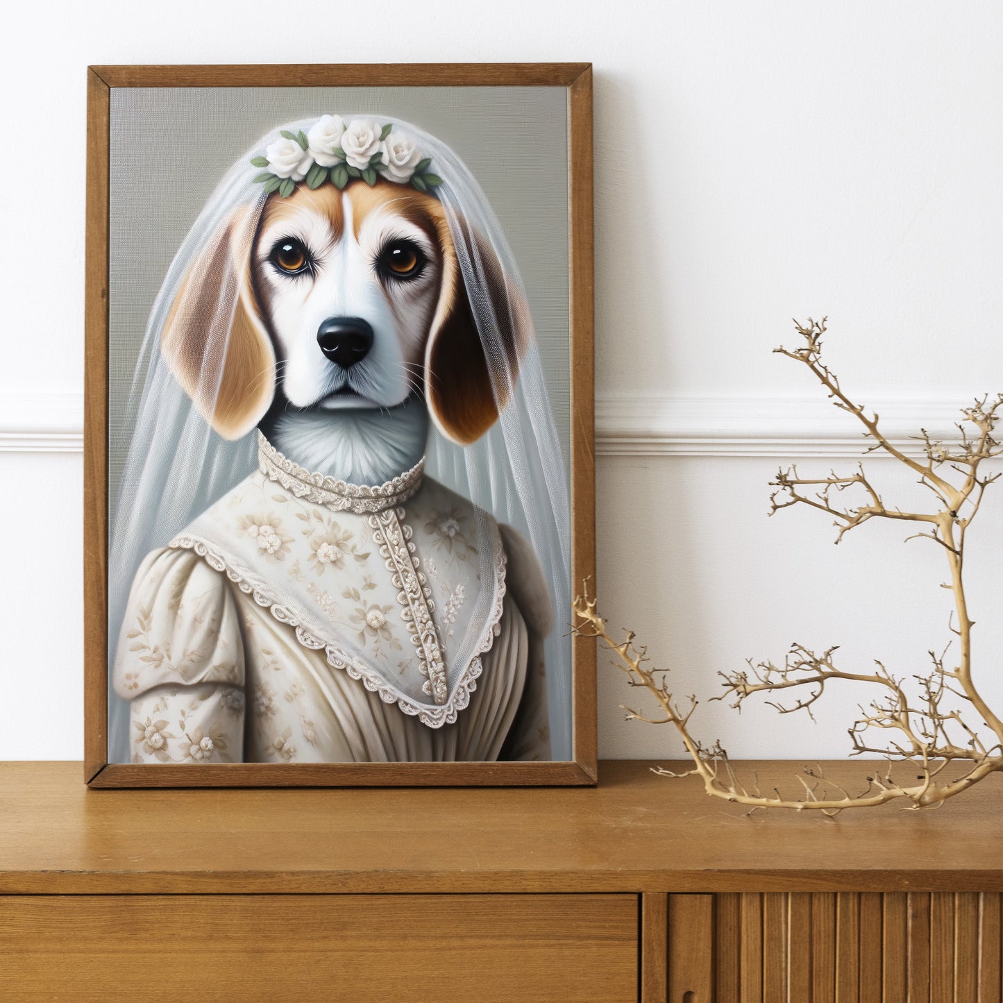 Portrait de Beagle en Mariée, Poster Déco Murale Animaux, Affiche Beagle Mariage, Cadre Humoristique