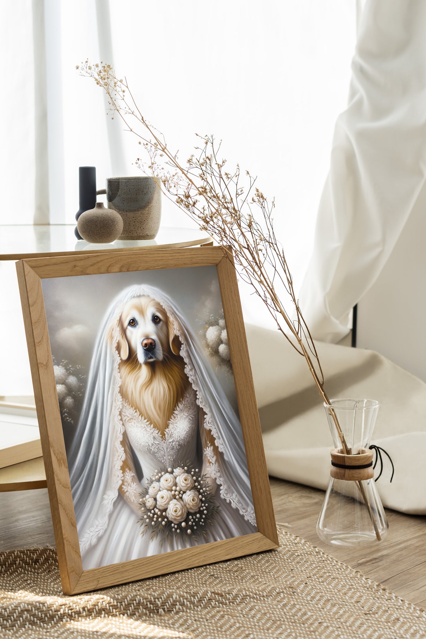 Poster Décoration Murale Chien Mariage - Golden Retriever en Robe de Mariée - Affiche Murale Animaux Humour