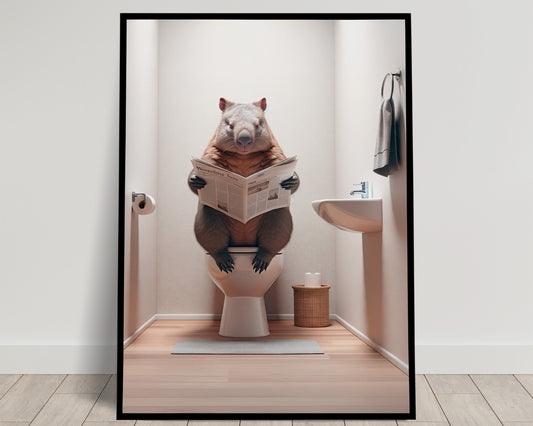 Poster d'un Wombat aux toilettes lisant le journal, Humour WC, Décoration Salle de Bain, Cadeau Amusant, Art Mural Original