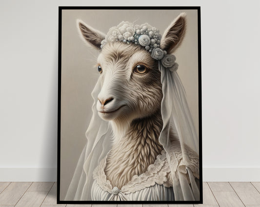 Goat in Wedding Dress Poster - Animal Wall Art Decor | Bride-Inspired Funny Unique Gift | Framed or Unframed Options