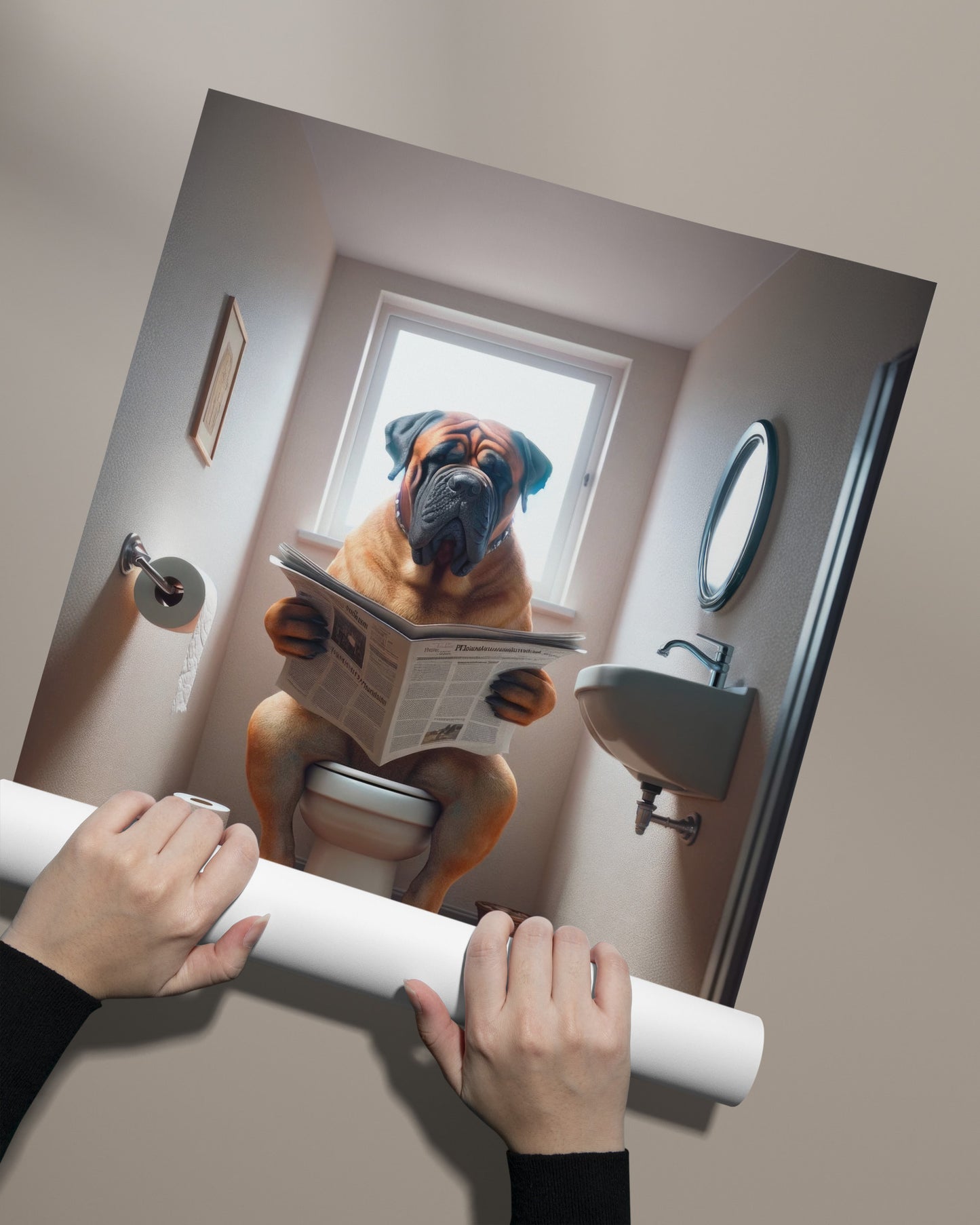 Bullmastiff Dog Reading Newspaper Poster – Funny Bathroom Wall Art, Gag Gift – WC Toilet Decor