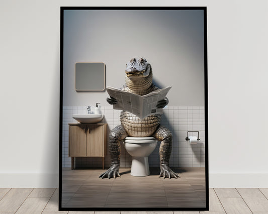 Poster Humour Alligator Lisant Journal, Décoration Salle de Bain, Cadeau Amusant Toilettes, Art Murale WC