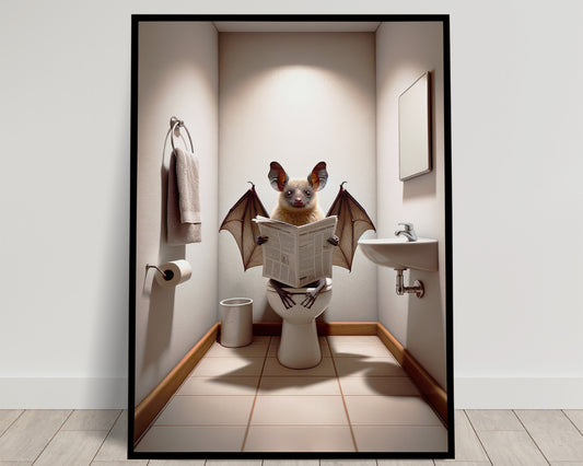 Affiche Humour Chauve-Souris lisant le Journal aux Toilettes, Déco Salle de Bain, Poster Drôle Cadeau Original