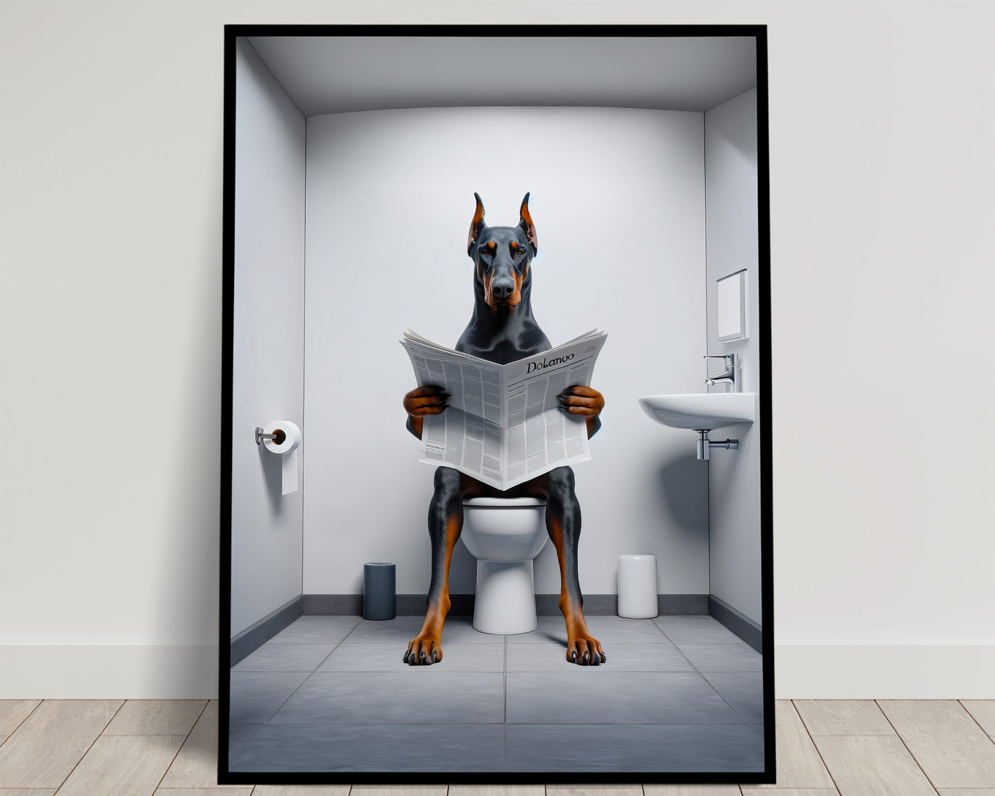 Poster Doberman lisant le journal sur les toilettes, Décoration Humoristique WC, Cadre déco Salle de bain, Poster Cadeau Fun