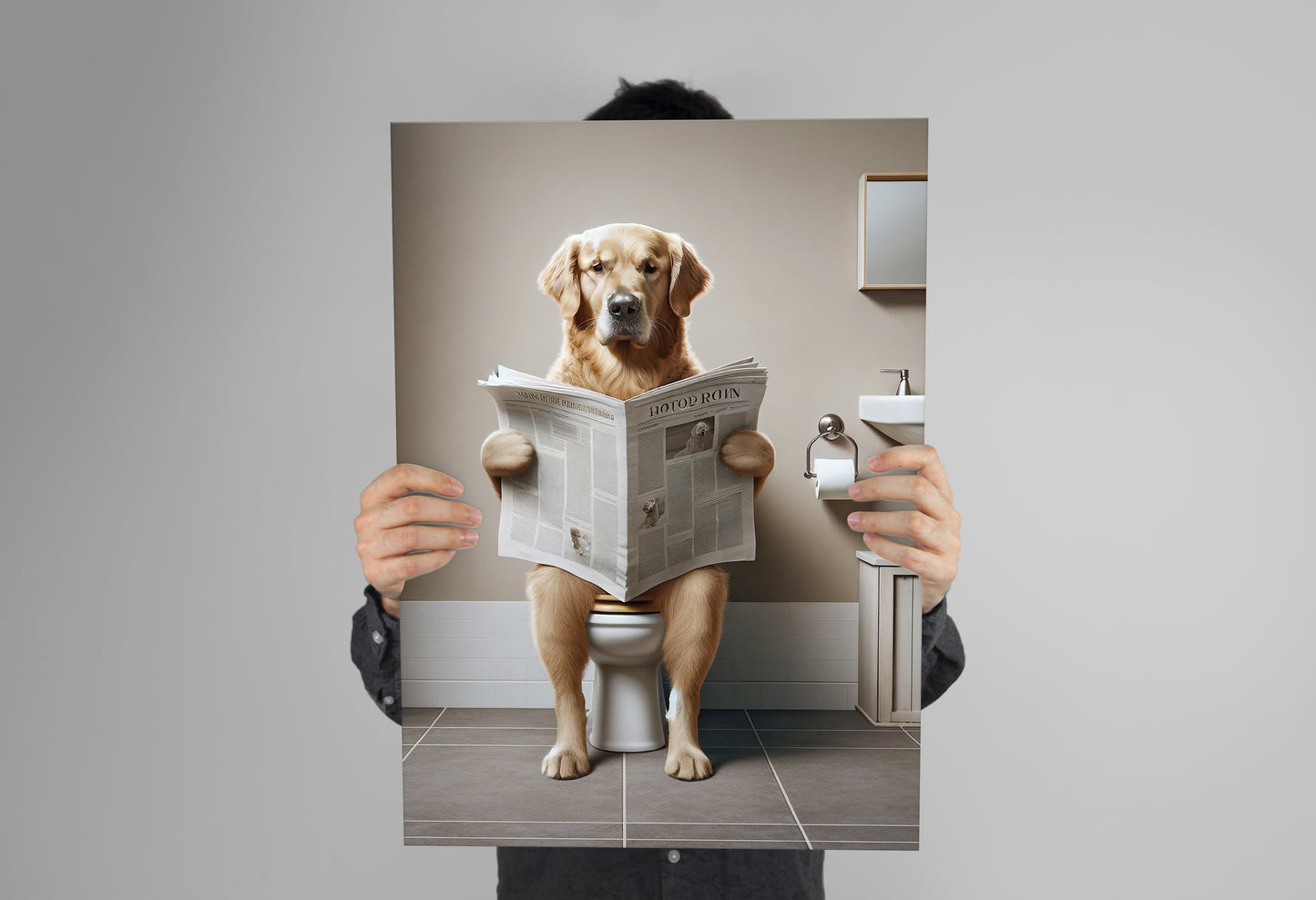 Poster Golden Retriever lisant le journal, Déco Humour pour WC, Cadre Salle de bain, Cadeau Original et Amusant