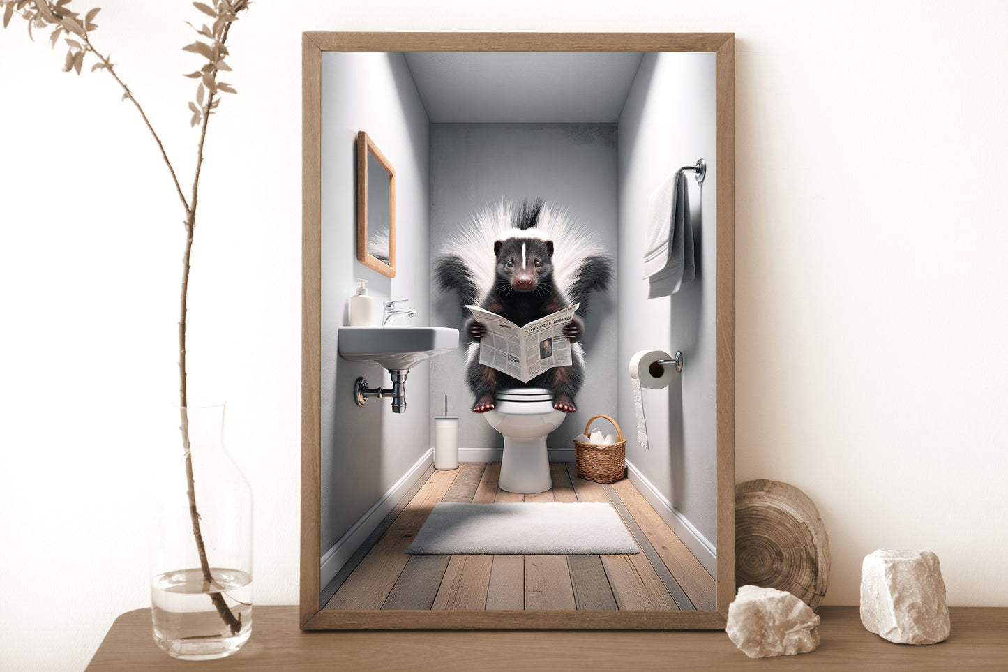 Funny Skunk Reading Newspaper Toilet Poster - Unique Bathroom Wall Art & Gag Gift Decor for WC