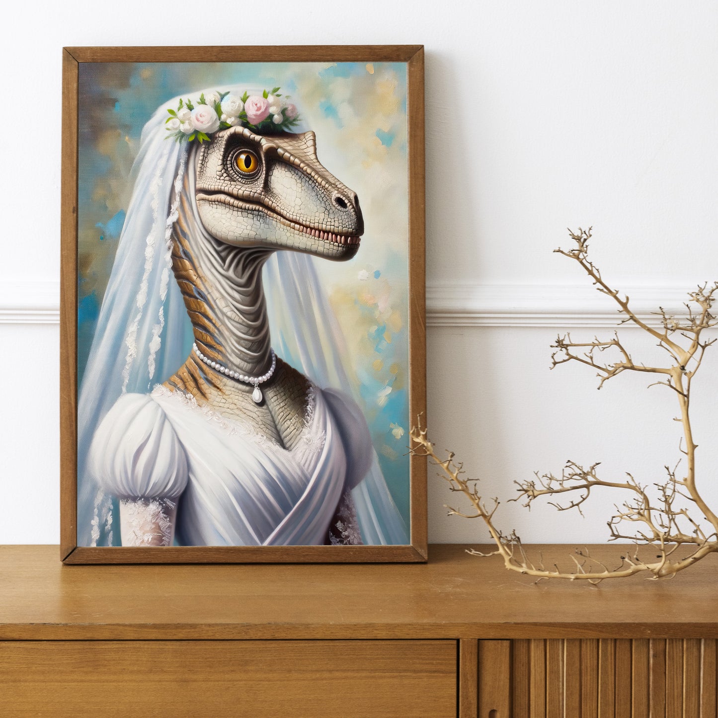 Portrait Vélociraptor en Robe de Mariée - Poster Dinosaure Décoration Murale Rigolote, Affiche Dino Mariage, Cadre Amusant