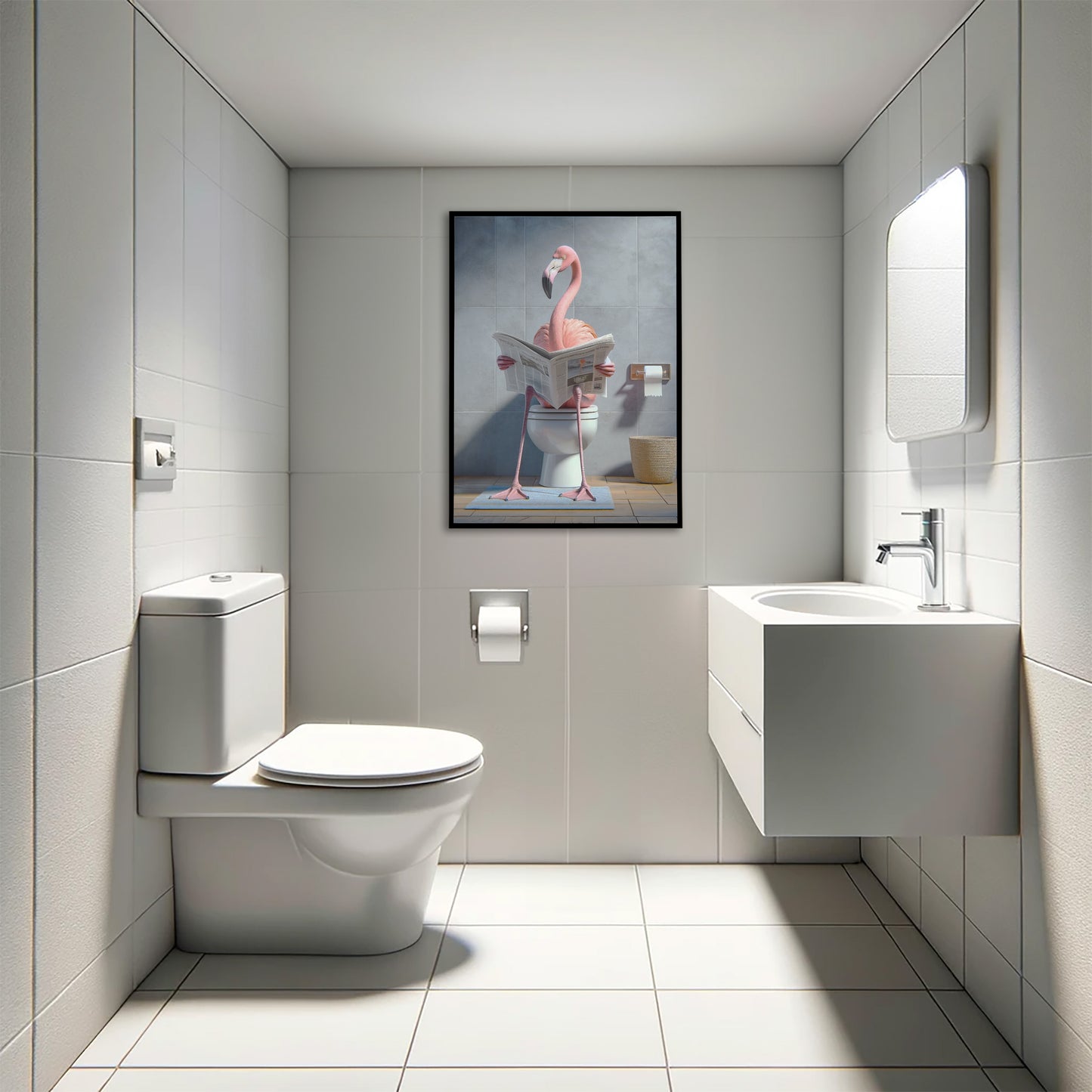 Poster Humour : Flamant Rose lisant le journal sur les toilettes, Décoration Salle de bain, Cadre WC, Cadeau Amusant