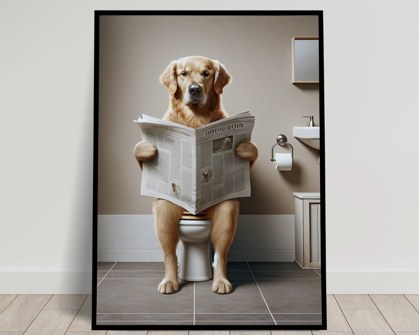 Poster Golden Retriever lisant le journal, Déco Humour pour WC, Cadre Salle de bain, Cadeau Original et Amusant