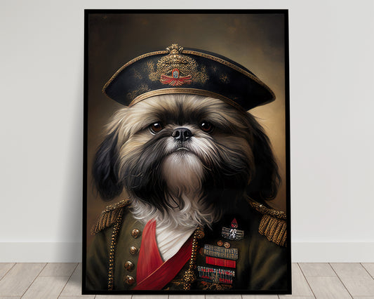 Poster Portrait Shih-tzu en Uniforme Militaire | Art Mural Chien Drôle et Héroïque | Décoration Murale Officielle