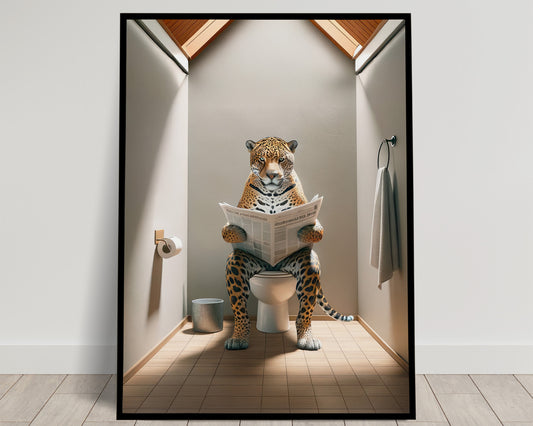 Poster Jaguar lisant le journal, Humour Salle de Bain, Décoration WC, Cadre Amusant, Art Toilettes, Idée Cadeau Originale