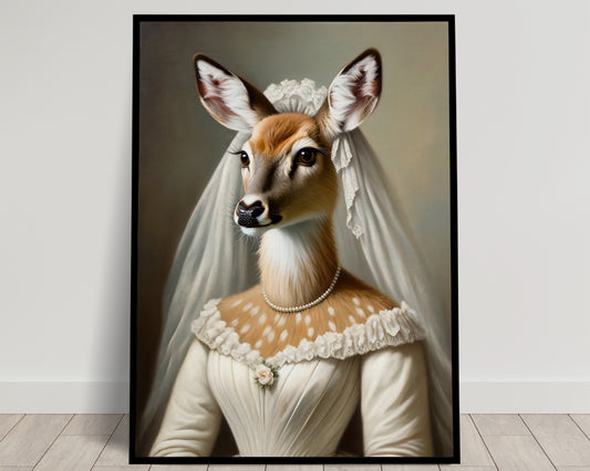 Poster Portrait Biche en Robe de Mariée - Décoration Murale Animaux - Affiche Humour Mariage - Art Mural Cadre