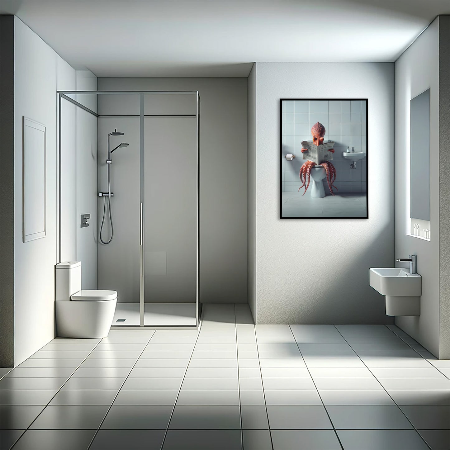 Funny Bathroom Wall Art – Octopus Reading Newspaper Toilet Poster | Unique WC Decoration & Humorous Gift